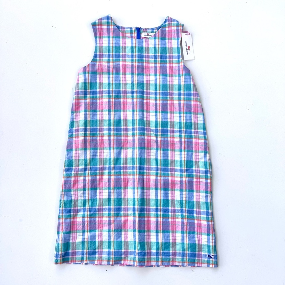 Vineyard Vines Shift Dress Girls 14 Pink Blue Madras Plaid Linen Blend Coastal